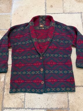 Vintage Alps Cardigan Sweater Womens Medium Red Green Geometric Long Sleeve Wool